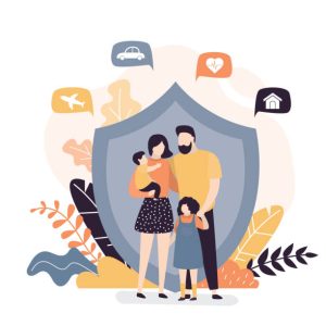 Happy family and protection shield. Insurance,healthcare concept banner. Assurance plan, full insurance coverage background. Cute parents with children. Trendy vector illustration
